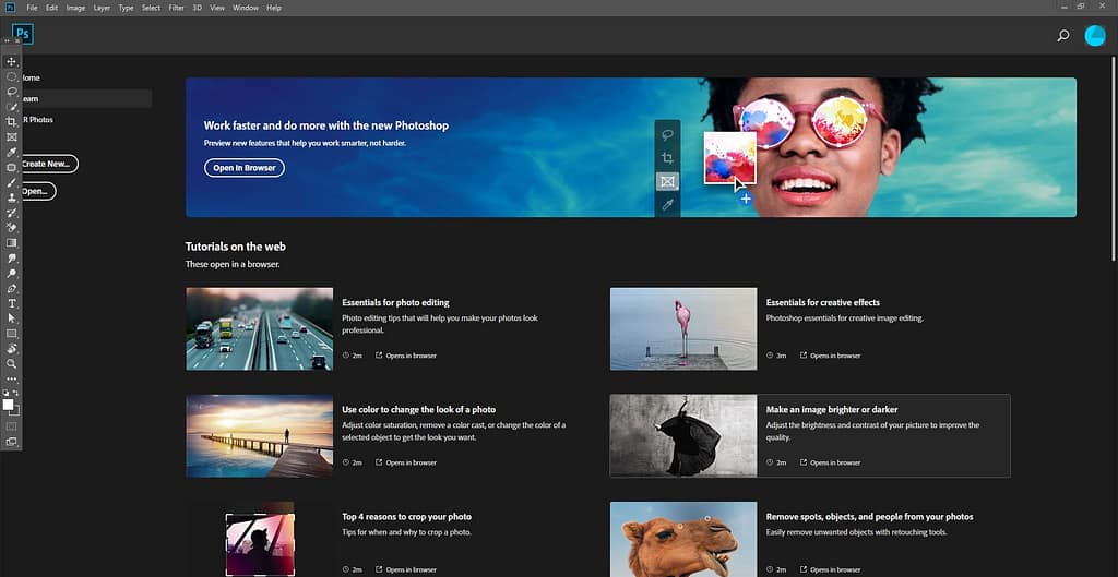 Home screen of Photoshop